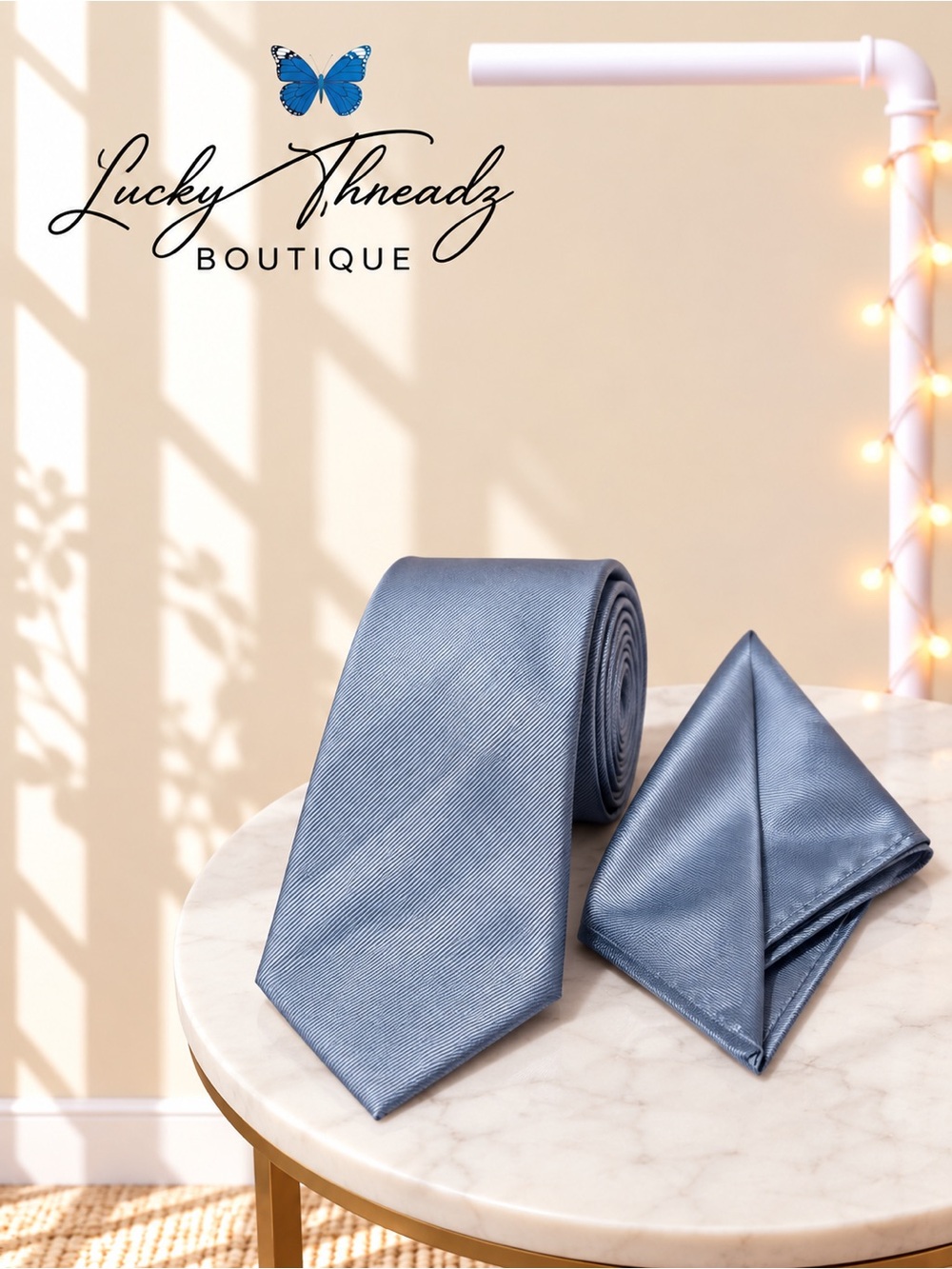HISDERN Light Blue Ribbed Necktie & Matching Pocket Square Set Hand Made